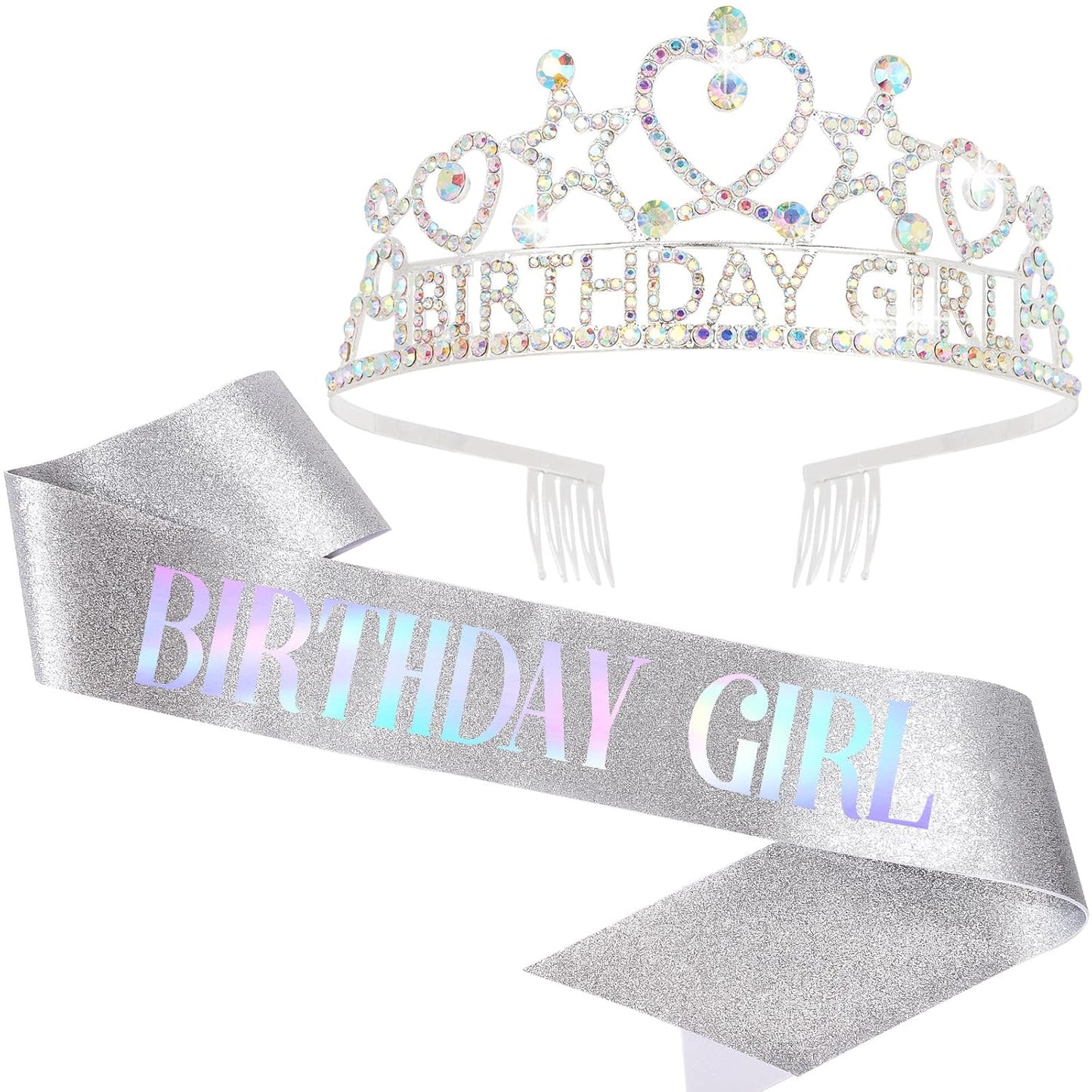 Birthday Girl Tiara and Sash Set - Silver Iridescent Rhinestone Crown & Glitter Sash for Birthday Party, Princess Celebration, Gift for Girls and Women