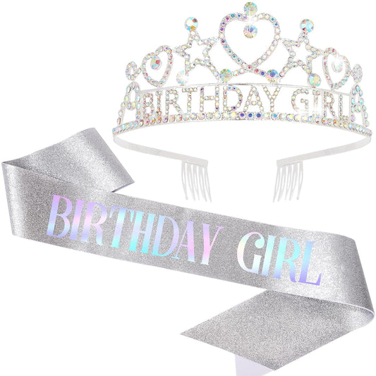 Birthday Girl Tiara and Sash Set - Silver Iridescent Rhinestone Crown & Glitter Sash for Birthday Party, Princess Celebration, Gift for Girls and Women