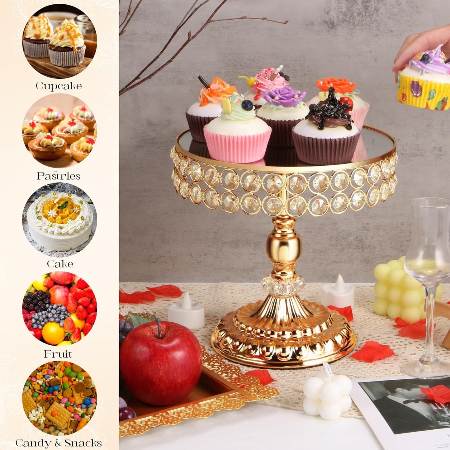 12 Pieces Gold Cake Stand Set, Vintage Cake Display Stand with Crystal Edge and Cupcake Display Tray, Dessert Table Display Set for Wedding Party Baby Shower Anniversary Celebration