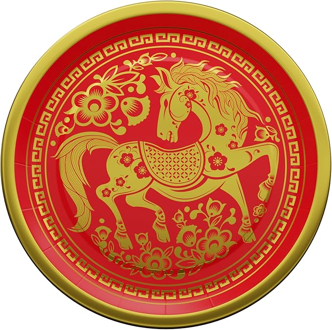 Blue Orchards Chinese New Year Plates and Napkin (2026 Year of the Horse - 60 Pieces for 20 Guests) - Lunar New Year Theme Plates And Napkins, CNY Party Decorations, Gong Xi Fa Cai
