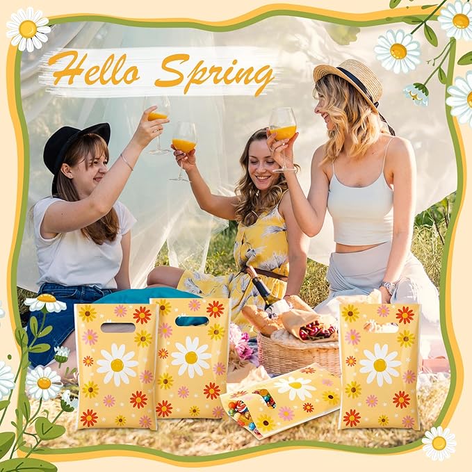 Frienda 100 Pcs Spring Daisy Flower Plastic Gift Bags with Handles 9.84''x6.5'' Daisy Plastic Candy Goodies Bags Treat Favors for Picnic Camping Spring Groovy Wedding Tea Party Gift Wrapping Supplies