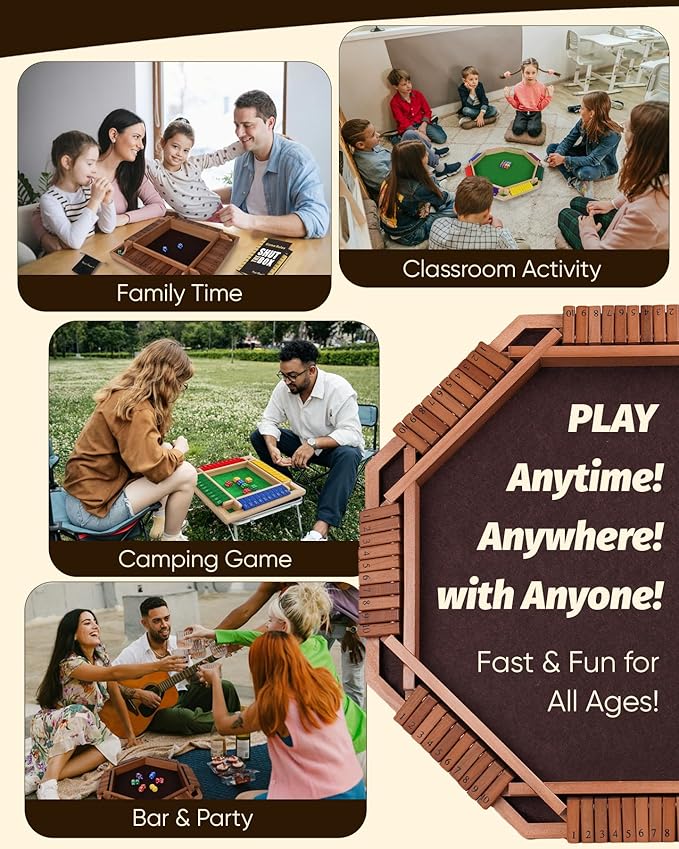 Maiji Planet Deluxe 2-8 Player Original Shut The Box Game, Math Dice Board Game for Family Night Classroom Travel, Wooden Classic Table for Group Kid Adult Senior Travel Party Bar Easy Quick and Fun