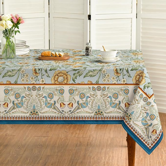 Horaldaily Rustic Rectangular Tablecloth 52x70 Inch, Bird Floral Vintage Washable Seasonal Table Cover for Party Picnic Dinner Decor