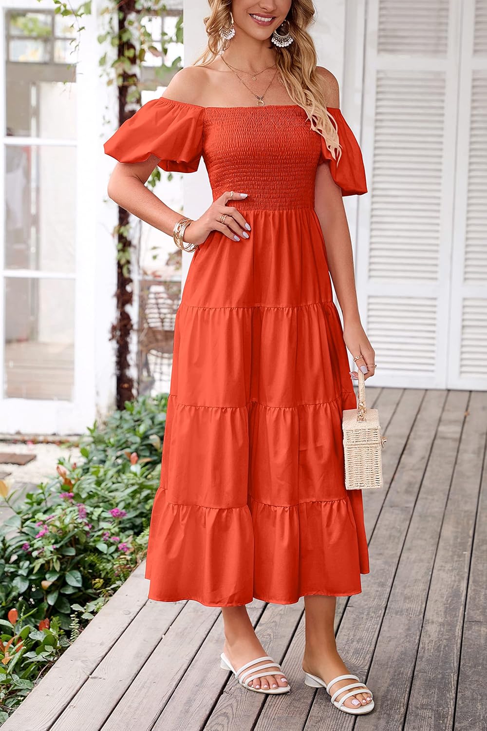 PRETTYGARDEN Women's Casual Summer Midi Dress Puffy Short Sleeve Square Neck Smocked Tiered Ruffle Dresses