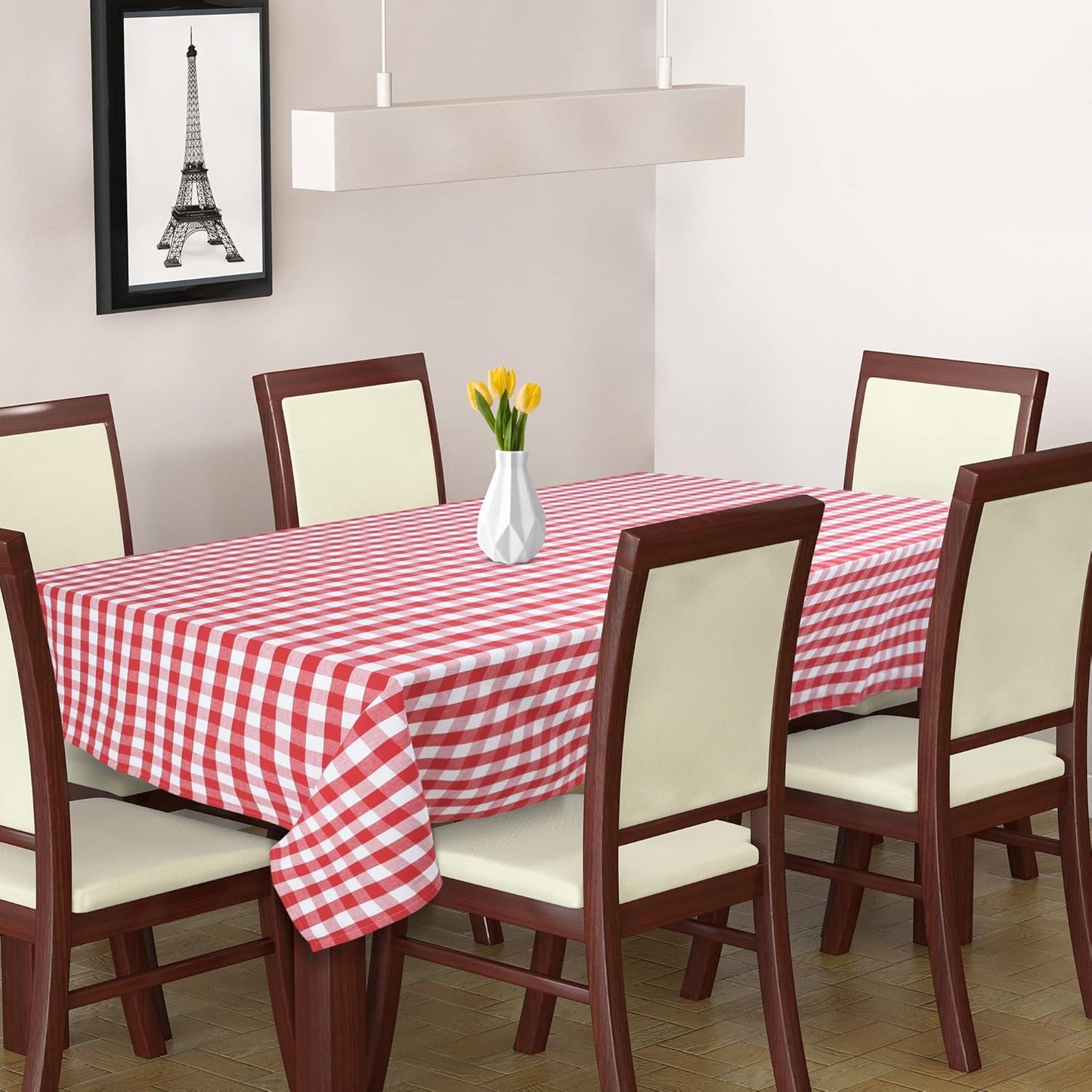 Urban Villa Tablecloth Christmas Table Cloth Tabletop Cover Kitchen Dining Tablecloth 100% Cotton Great Parties Wedding Holiday Dinner Red/White Color Rectangle 60X84 Inches 6-8 Seats Table Cloth