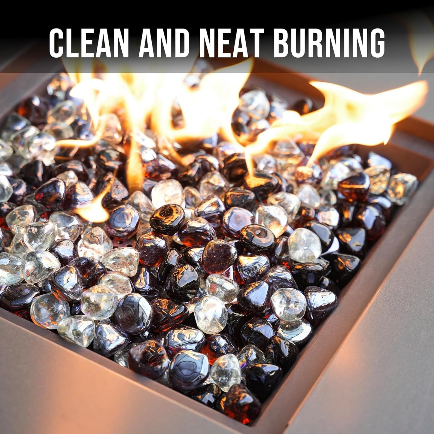 Skyflame 10-Pound Blended Fire Glass Diamonds for Fire Pit Fireplace Landscaping, 1/2 Inch Onyx Black, Crystal Ice, Amber Luster