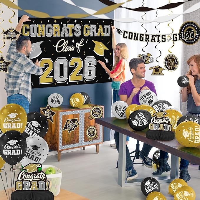 Black and Gold Themed 2026 Graduation Decorations Set - Congrats Grad Banner, Class of 2026 Backdrop, Balloons & Streamers Kit - Graduation Party Supplies for High School & College Celebrations