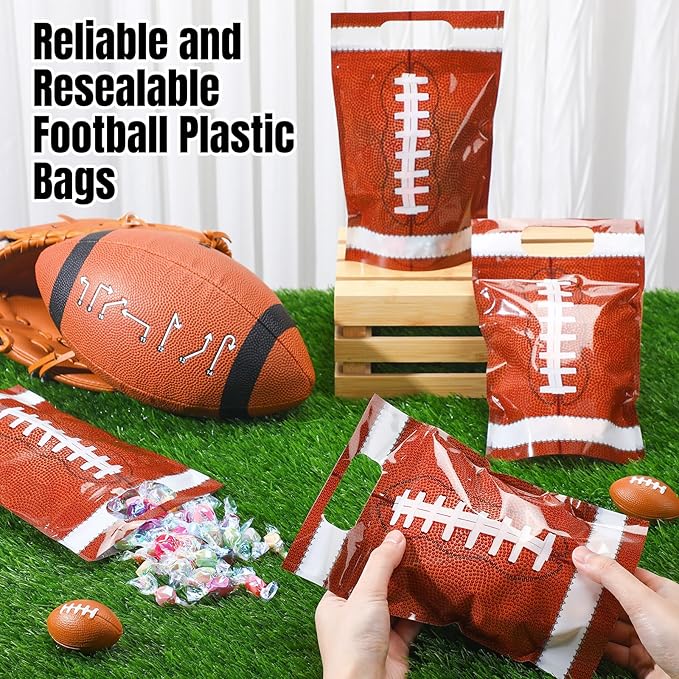 Blosssound 50 Pcs Sport Plastic Bags Clear Football Sealed Pouches with Handles Resealable Football Party Gift Bags for Sports Theme Birthday Party Candy Gift Wrap Supplies Decoration