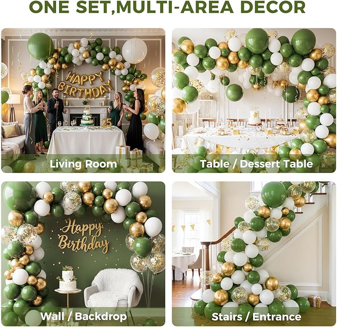 LovesTown Sage Green Balloon Garland Kit, 150PCS Arch Kit Different Sizes Latex Balloons Gold Olive Green Confetti Metallic Balloons for Jungle Woodland Theme Party Decorations