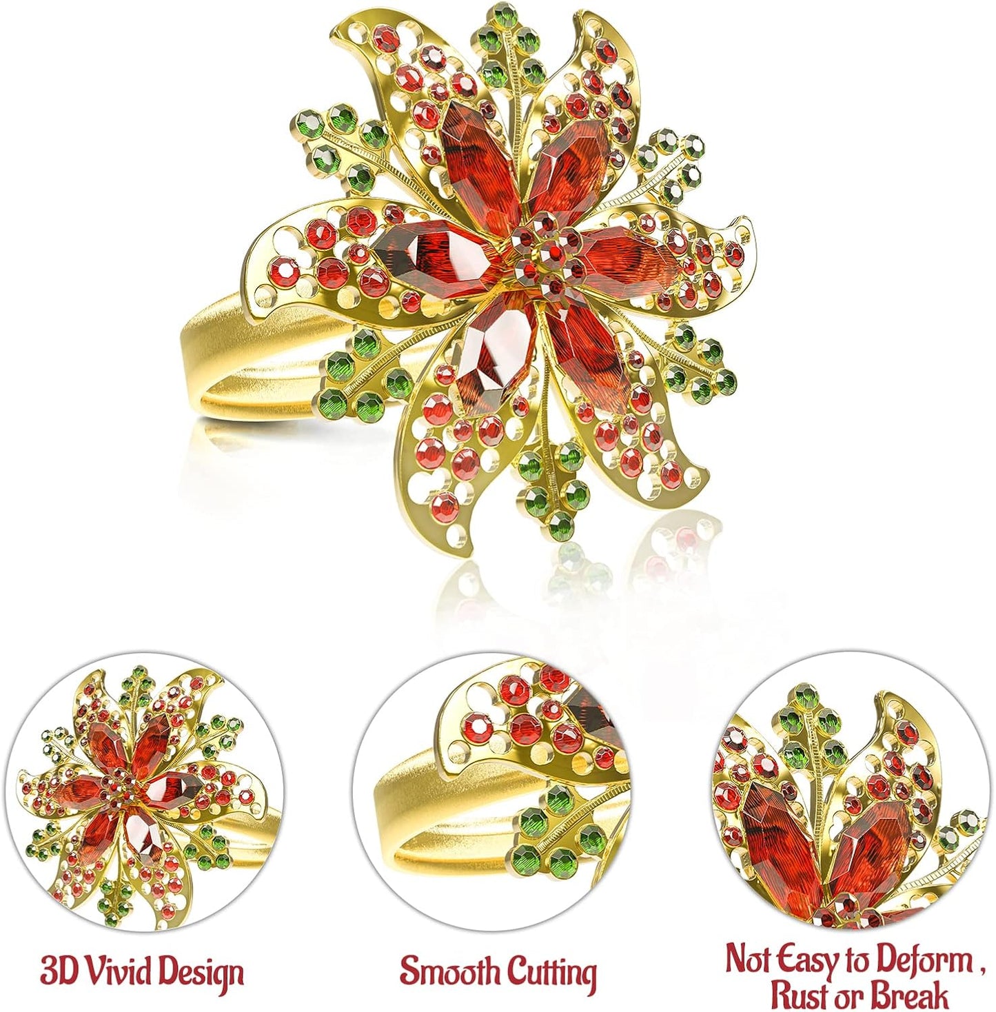 Legigo Set of 8 Christmas Flower Napkin Rings Set for Dinning Table Setting- Red Rhinestone Xmas Winter Napkin Ring Holders for Cloth Napkins, Christmas Holiday Party Dinner Table Decoration