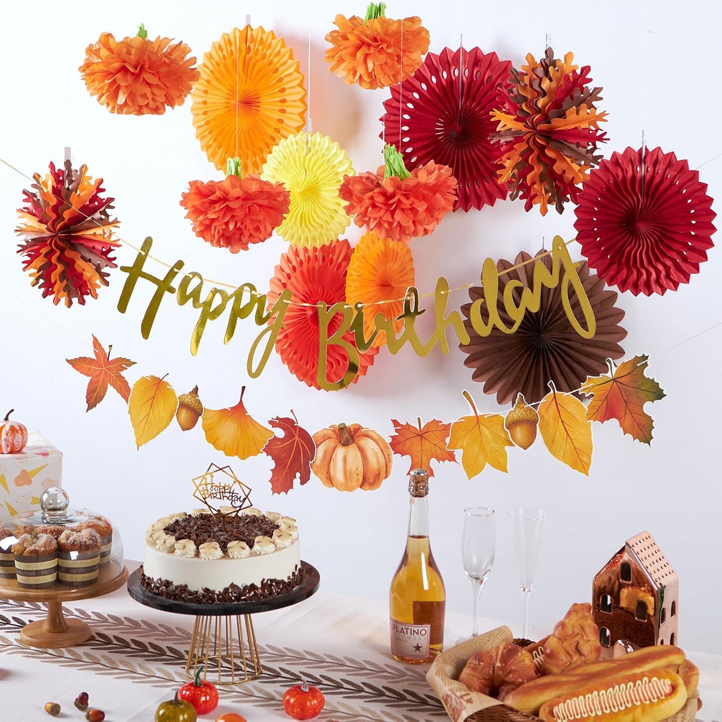 SUNBEAUTY Fall Party Decorations Orange Birthday Decorations Hanging Paper Fan Pumpkins Paper Pom poms Maple Leaves Happy Birthday Banner for Thanksgiving Autumn Harvest Classroom Office Party