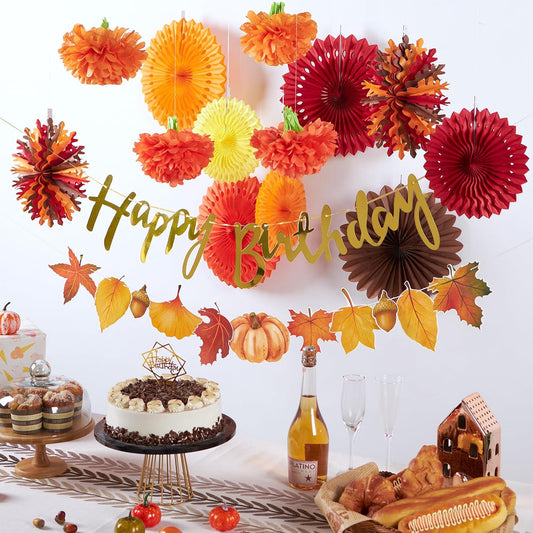 SUNBEAUTY Fall Party Decorations Orange Birthday Decorations Hanging Paper Fan Pumpkins Paper Pom poms Maple Leaves Happy Birthday Banner for Thanksgiving Autumn Harvest Classroom Office Party