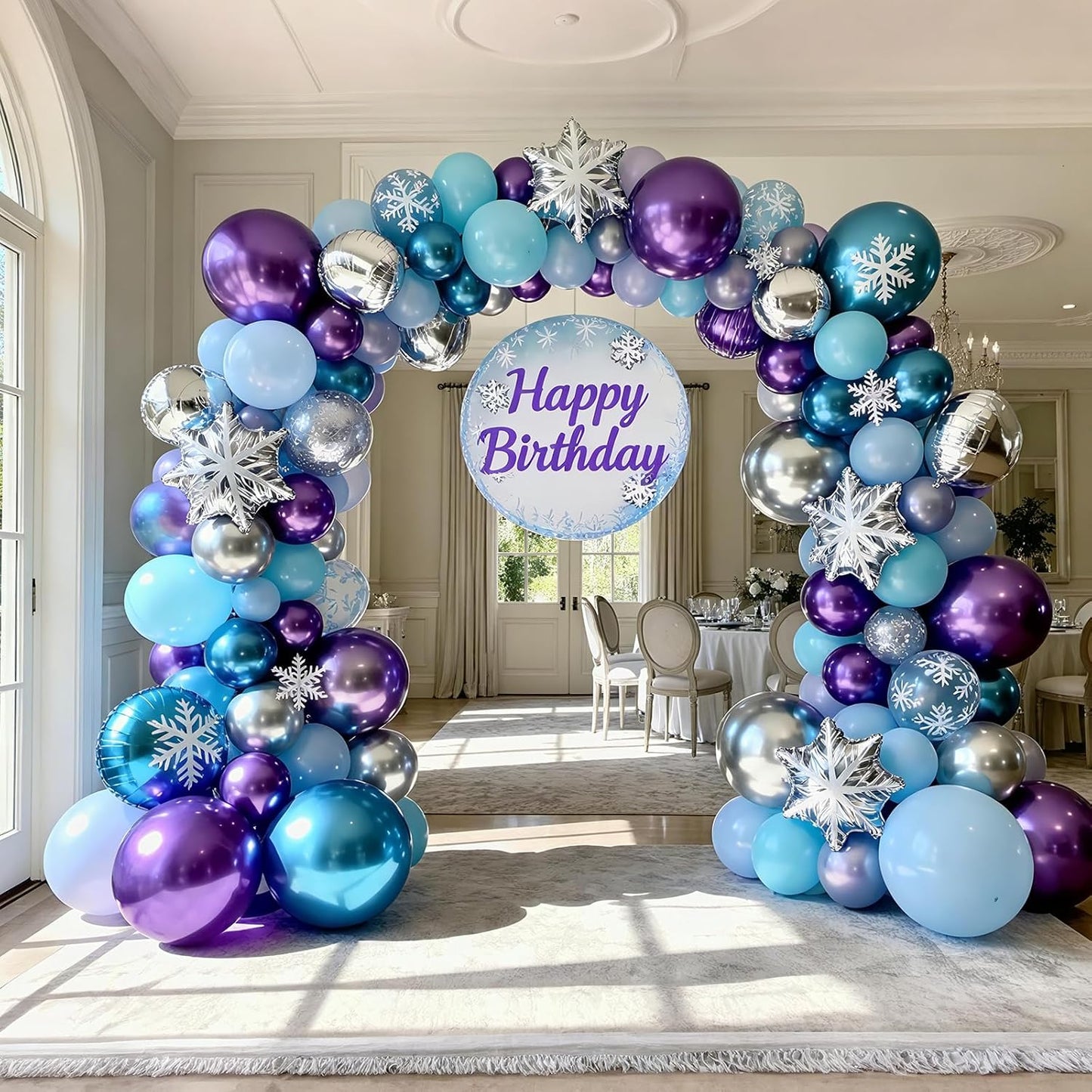 Bezente Frozen Balloons Kit, 60pcs 12 inch Blue Purple Latex Balloons Metallic Silver Helium Balloons for Girls Birthday Wedding Baby Bridal Shower Wonderland Winter Ice Snow Theme Party Decorations