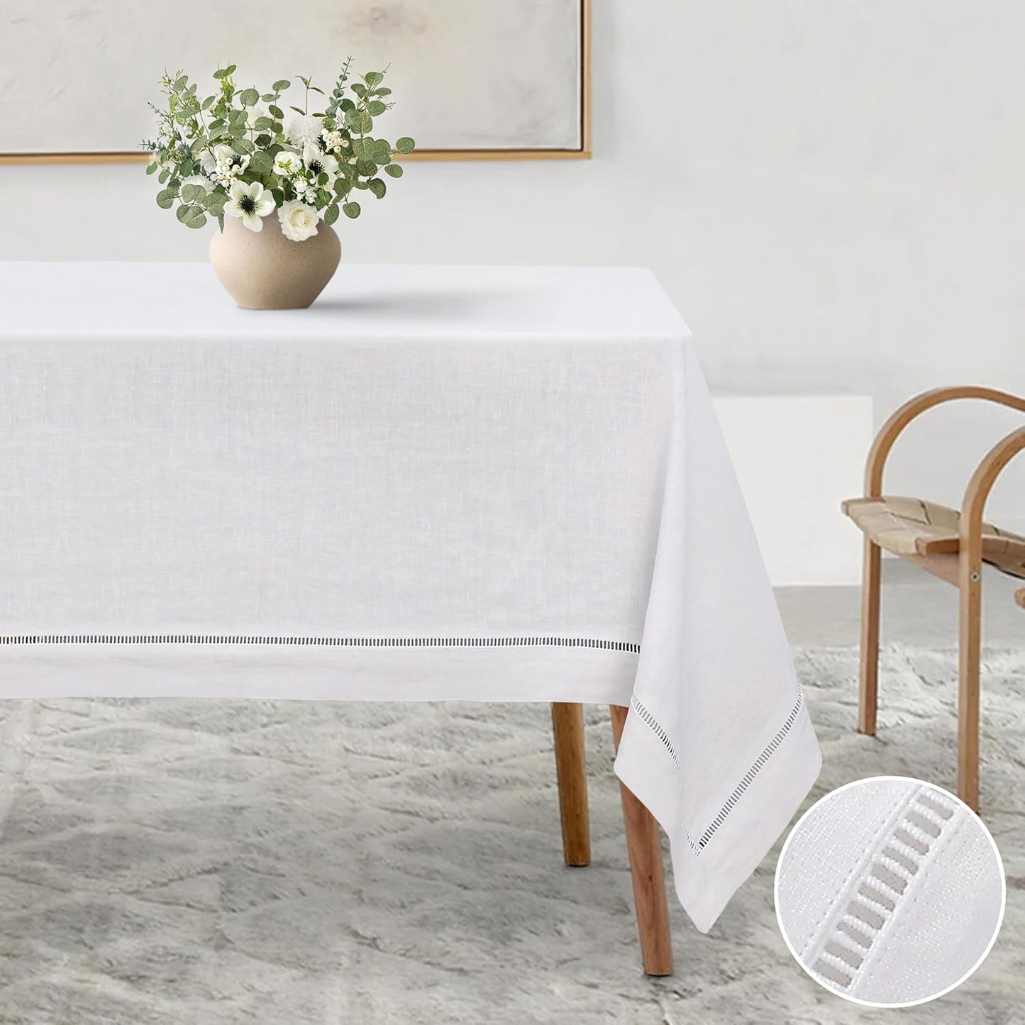 Linen World Hemstitch Linen Tablecloth,French Linen White Tablecloth 108" x 60" Inch,Washable Rectangular Table Cloth for Dining,Outdoor,Weddings and Restaurants,Decorative Thanksgiving Christmas