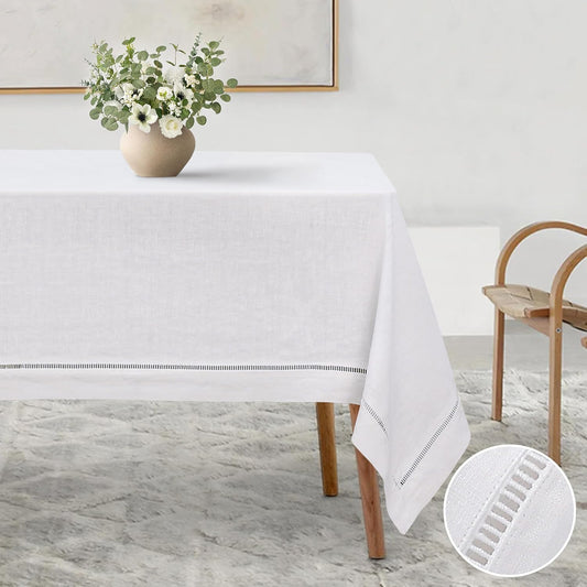 Linen World Hemstitch Linen Tablecloth,French Linen White Tablecloth 90" x 60" Inch,Washable Rectangular Table Cloth for Dining,Outdoor,Weddings and Restaurants,Decorative Thanksgiving Christmas