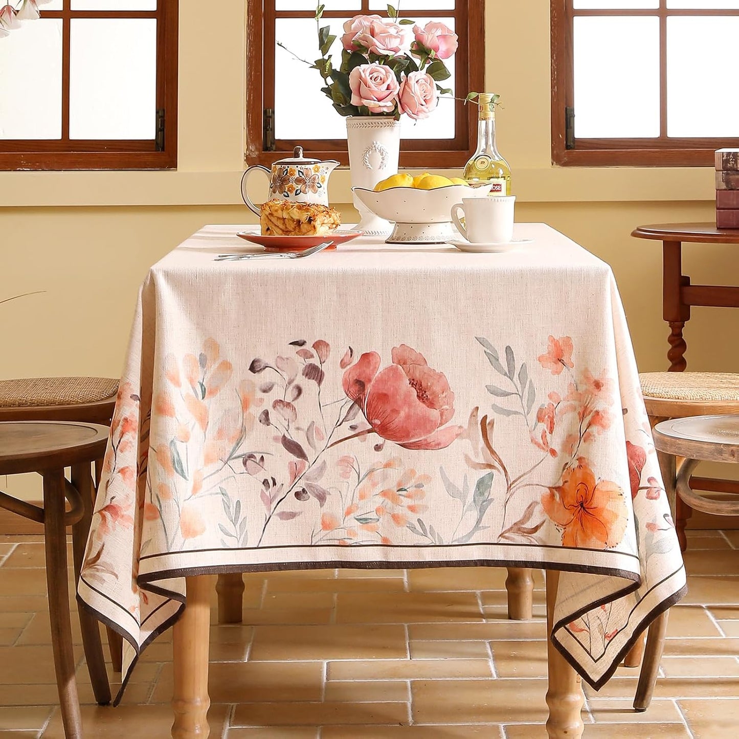 Linen Extra Long Rectangle Tablecloth,French Vintage Pink Floral Pattern Wrinkle Free Table Cloth,Decor Table Cover for Kitchen,Dining,Party,Thanksgiving,Christmas,67"*118"-Sloosa