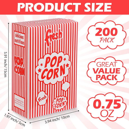 Ireer 200 Pcs 0.75 oz Popcorn Boxes, Popcorn Containers for Movie Party, Bulk Red and White Striped Paper Boxes for Puffed Rice Machine Theater Night Carnival Circus Party Supply