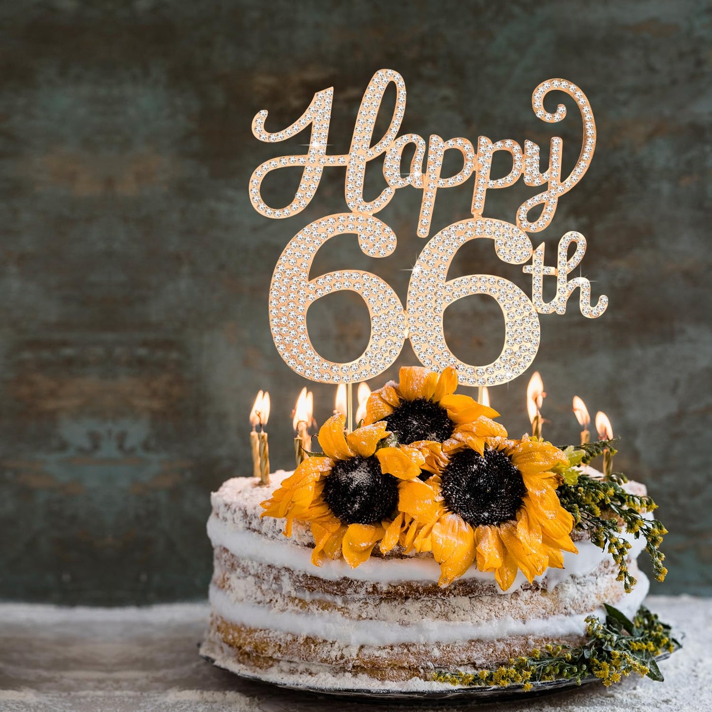 Happy 66th Birthday Decorations,66th Birthday Gold Rhinestone Cake Topper - Cheers to 66 Years Old Bday Party Metal Sparkly Cake Centerpieces Sign.