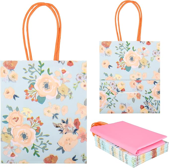 24 Pack Mini Floral Paper Gift Bags Small Green Party Favor Bags with Handles and Pink Tissue Paper for Wedddings, Bridal Baby Showers, Birthdays, Tea Parties 6.5x5.5x3 Inch (Spring Flowers)