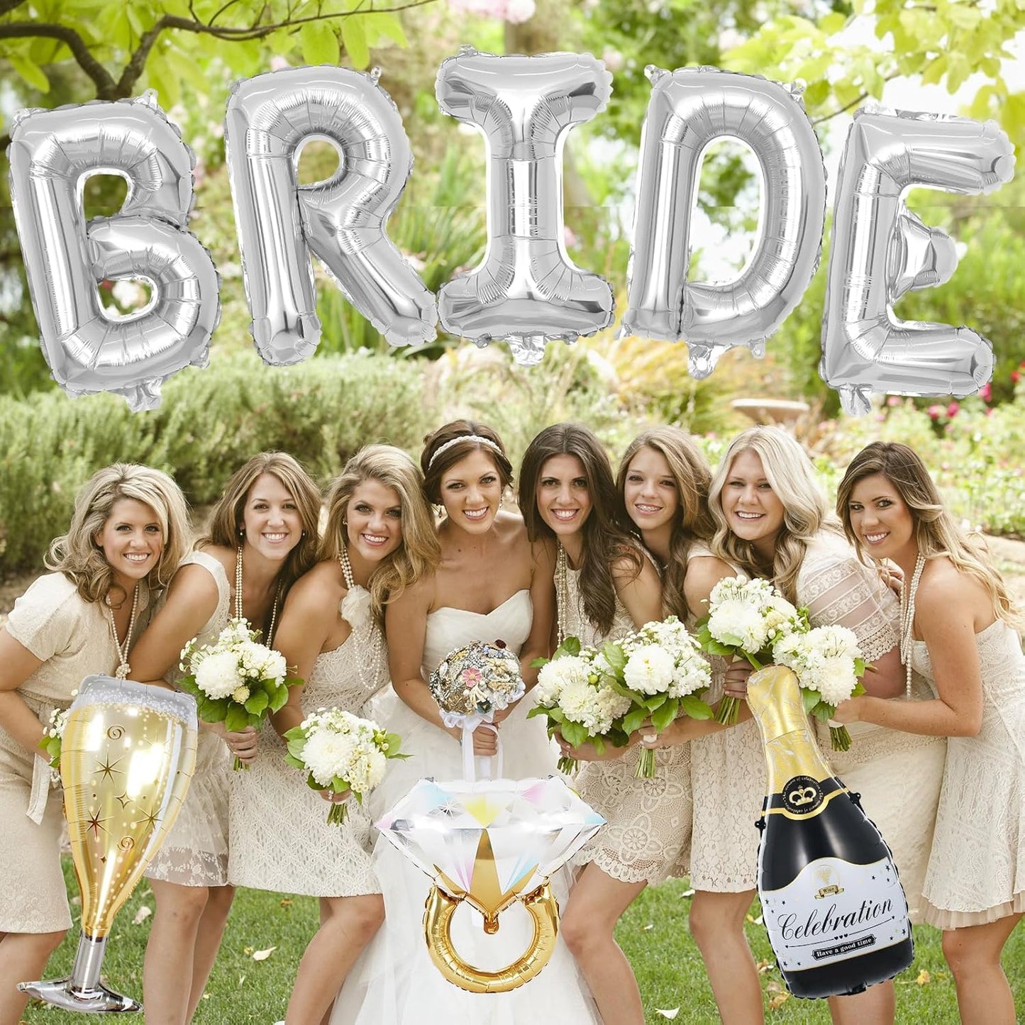 40inch Bride Balloons Silver Letters Banner, Bachelorette Party Decorations Set with Diamond Ring Champagne Bottle Balloon Glass Foil Balloon for Silver Bachelorette Engagement Wedding Bridal Shower
