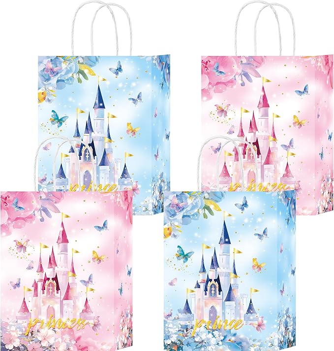 W WINTMING 20Pcs Princess Prince Party Favor Bag Blue Pink Castle Goodie Bag with Handles Butterfly Bag for Baby Shower Birthday Gender Reveal Party (Blue-castle)
