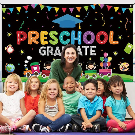 Large Preschool Graduation Party Banner Decorations 72x44 Inch, Kindergarten Graduate Banner Flag Photography Background for Kids Class of 2023 Ceremony Congratulations Grad School Prom Supplies