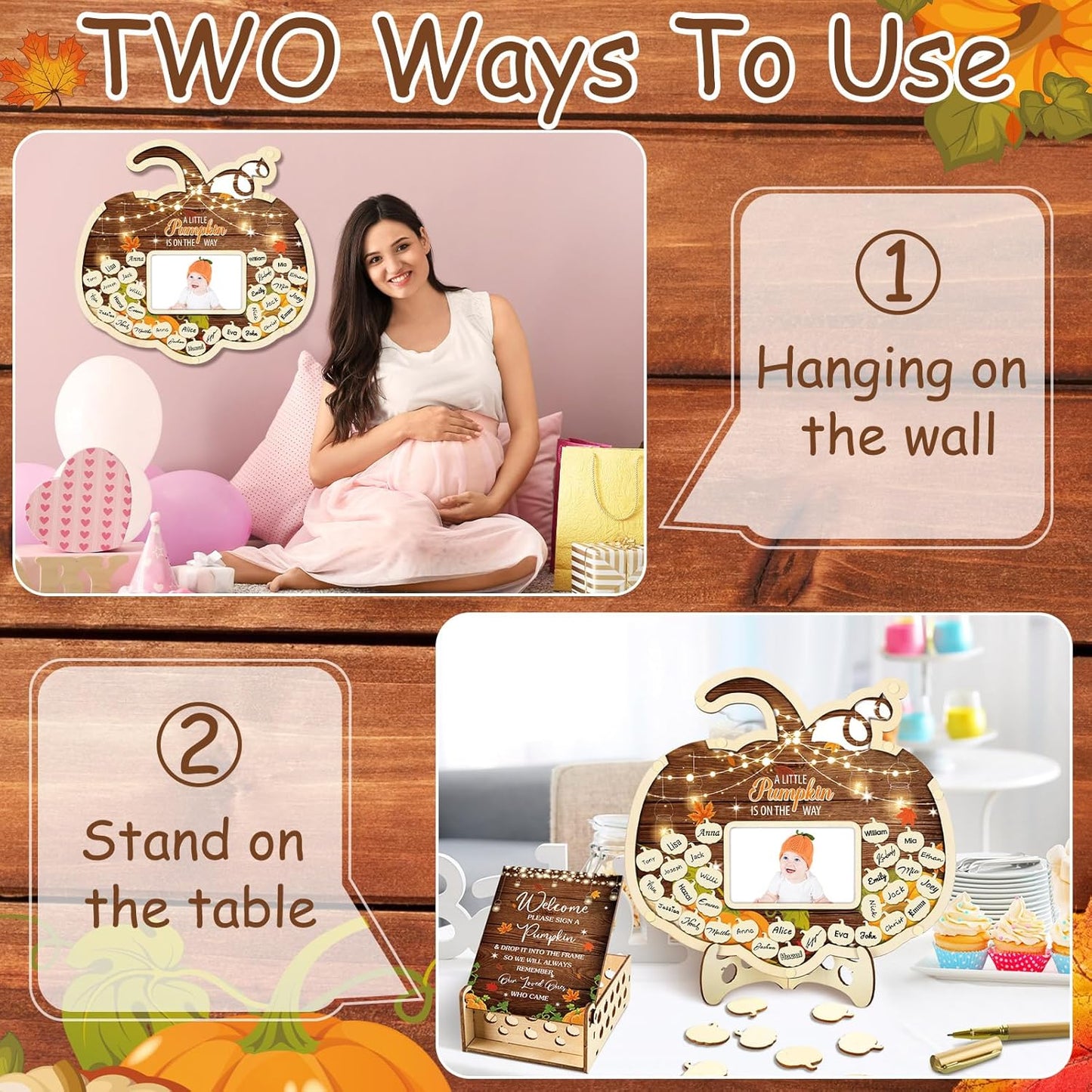 Wenqik 63 Pcs Rustic Little Pumpkin Baby Shower Guest Book Alternatives Set Baby Shower Decorations with Photo Frame Sonogram Frame Keepsake 60 Wood Slices Guest Book for Birthday