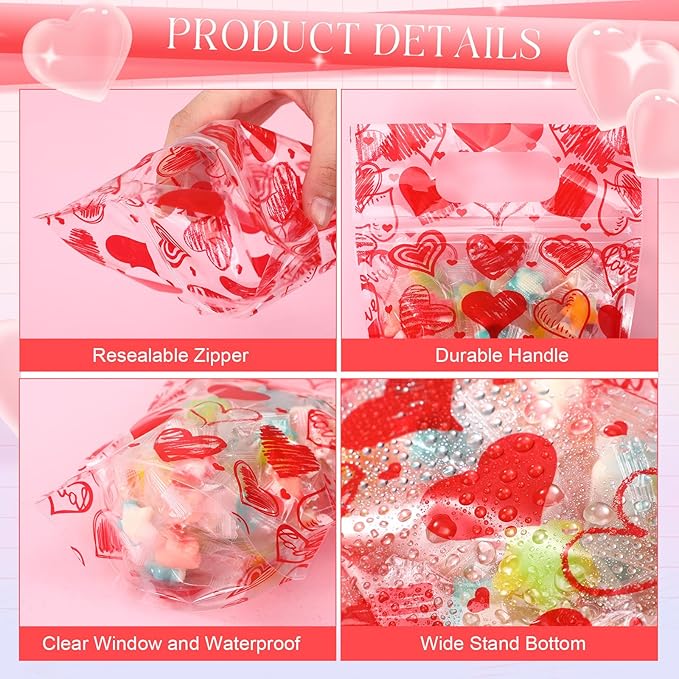 Blosssound 50 Pcs Valentines Day Gift Bags Resealable Love Plastic Bags Valentines Party Favor holder with Handle for Wedding Party Candy Gift Wrapping Supplies Decor (Love)