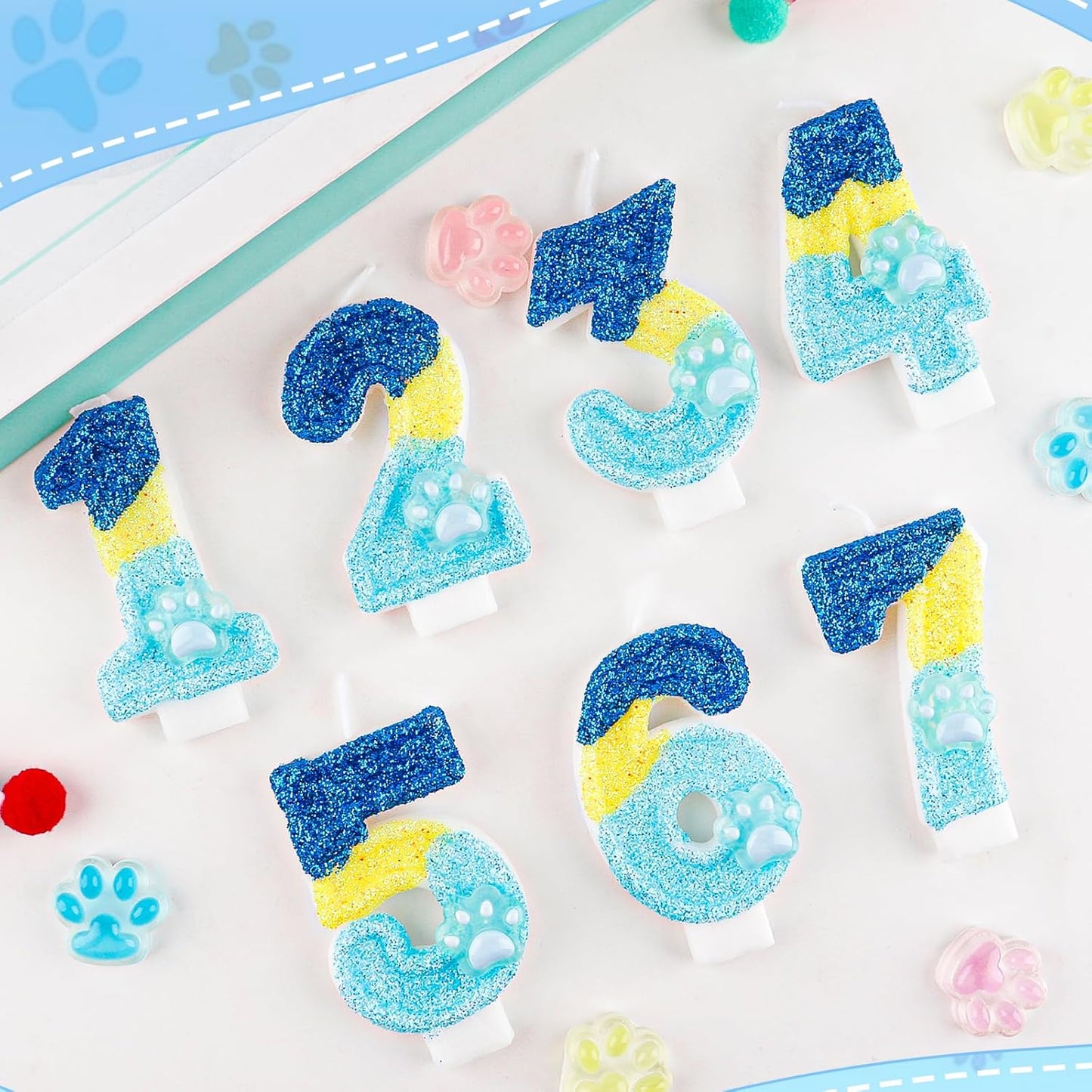 Honglus Glitter Blue Dog Paw 4 Candle for Birthday Blue Number 4 Candle Dog Paw 4 Glitter Cake Topper for 4th Birthday Party Supplies Anniversary Decorations