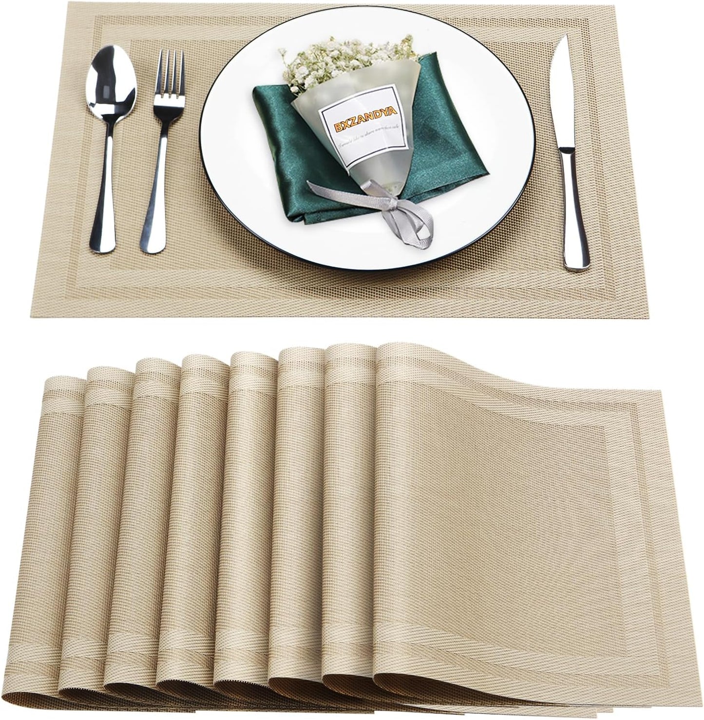 Placemats Set of 8,Washable,Heat and Stain Resistant Indoor/Outdoor Place mats,Vinyl Woven Non Slip Table Mats for Restaurant Table Protection,PVC Placemats(Beige,8PCS)