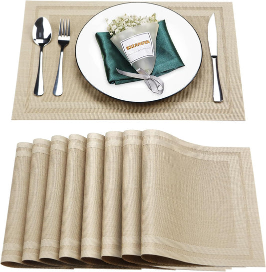 Placemats Set of 8,Washable,Heat and Stain Resistant Indoor/Outdoor Place mats,Vinyl Woven Non Slip Table Mats for Restaurant Table Protection,PVC Placemats(Beige,8PCS)
