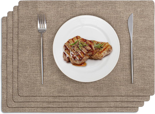 Softalker Vinyl Placemats Set of 4 - Faux Leather Heat Resistant Place Mats, 100% Waterproof Oilproof Wipe Clean Table Mats for Indoor & Outdoor Use, 17’’×12’’, Khaki