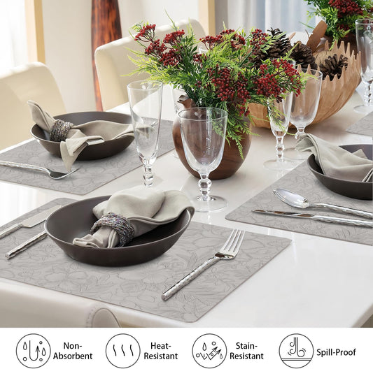 17" × 12" Faux Leather Placemats Set of 6, Light Gray, Washable, Wipeable & Heat-Resistant Table Mats, Waterproof & Anti-Slip Dining Place Mats with Shallow Embossed Texture for Kitchen & Dining