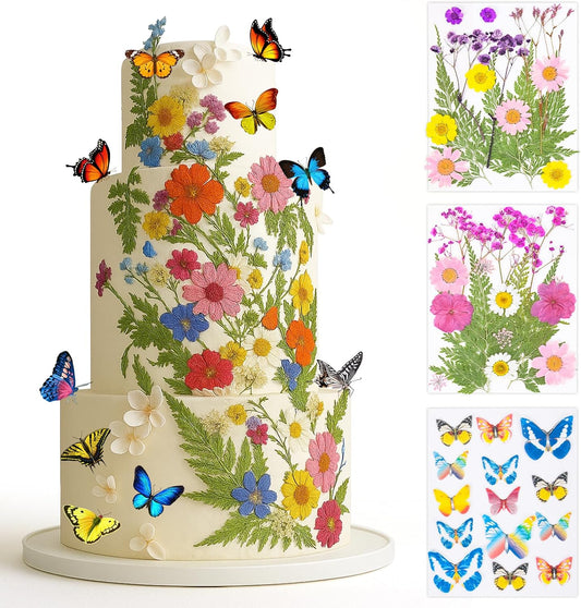 50 Pcs 10 Kinds Real Natural Edible Wildflower Cake Toppers & Edible Butterflies Wedding Cake Toppers, Edible Cake Decorations for Birthday, Cake Decorating Kit for Wedding,