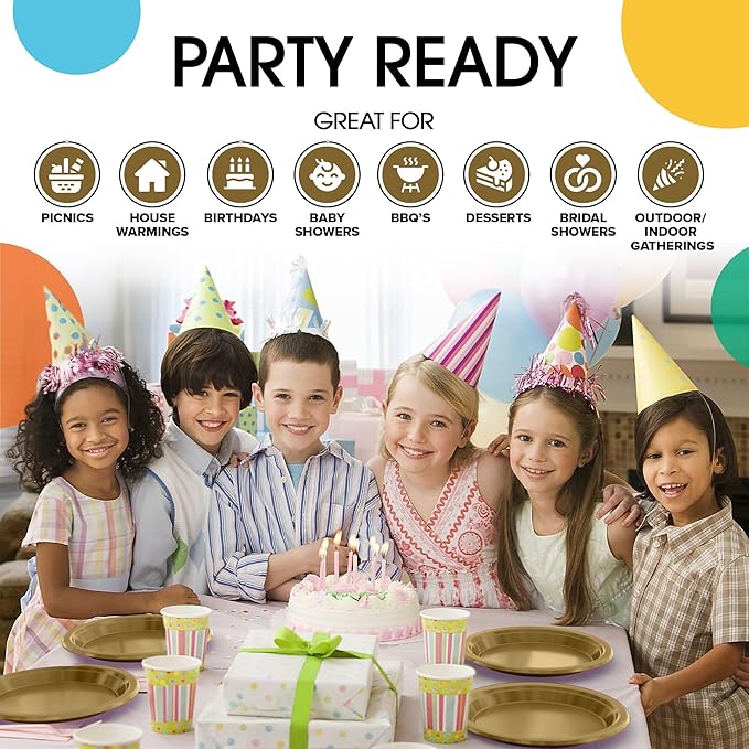 Party Solids Gold Plastic Plates For Party Supplies, Gold Disposable Plates 100 Pieces - 50-7" & 50-9" Heavy Duty 350 GSM Disposable Dinnerware Sets, Plastic Dinnerware Sets