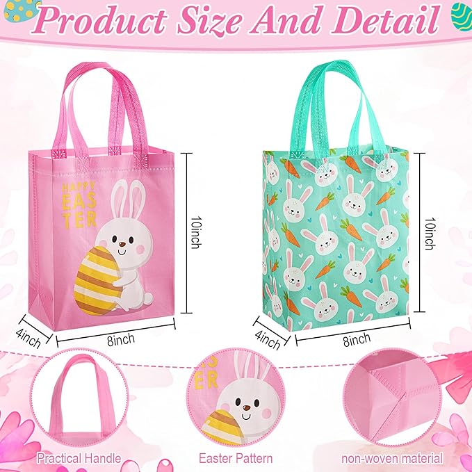 Wovnet 30 Pcs Easter Gift Bags Pastel Colors Easter Bunny Goodie Treat Tote Bags with Handle Reusable Non Woven Rabbit Carrots Party Favor Pouch for Spring Party Supplies 10 x 8 x 4in
