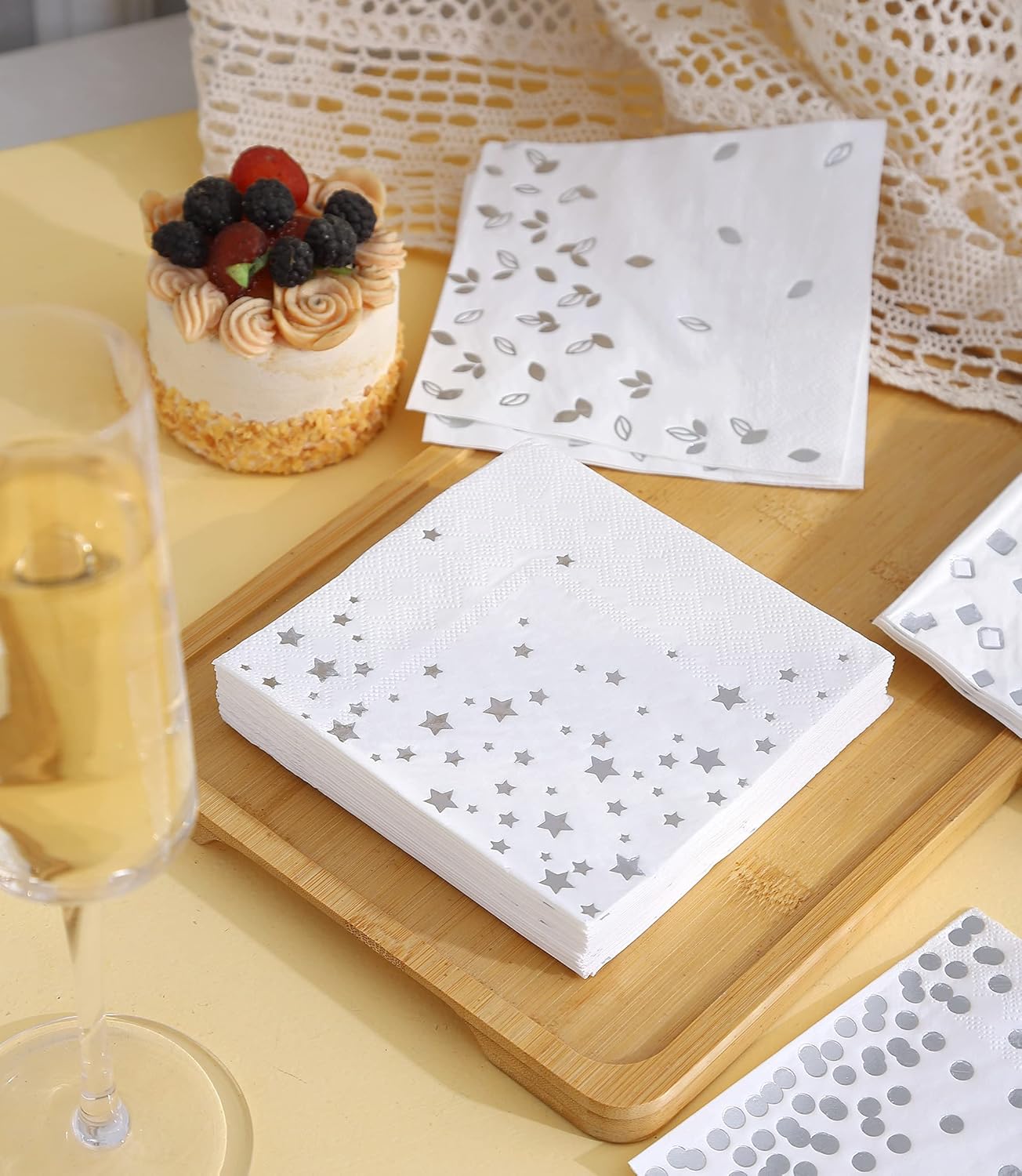 100 PK Silver Napkins - 4 Assorted Designs - 3-Ply Cocktail Napkins Folded 5 x 5 Inches Bar Napkins Disposable Party Napkins Paper Napkins Beverage for Wedding Bridal Baby Shower Birthday