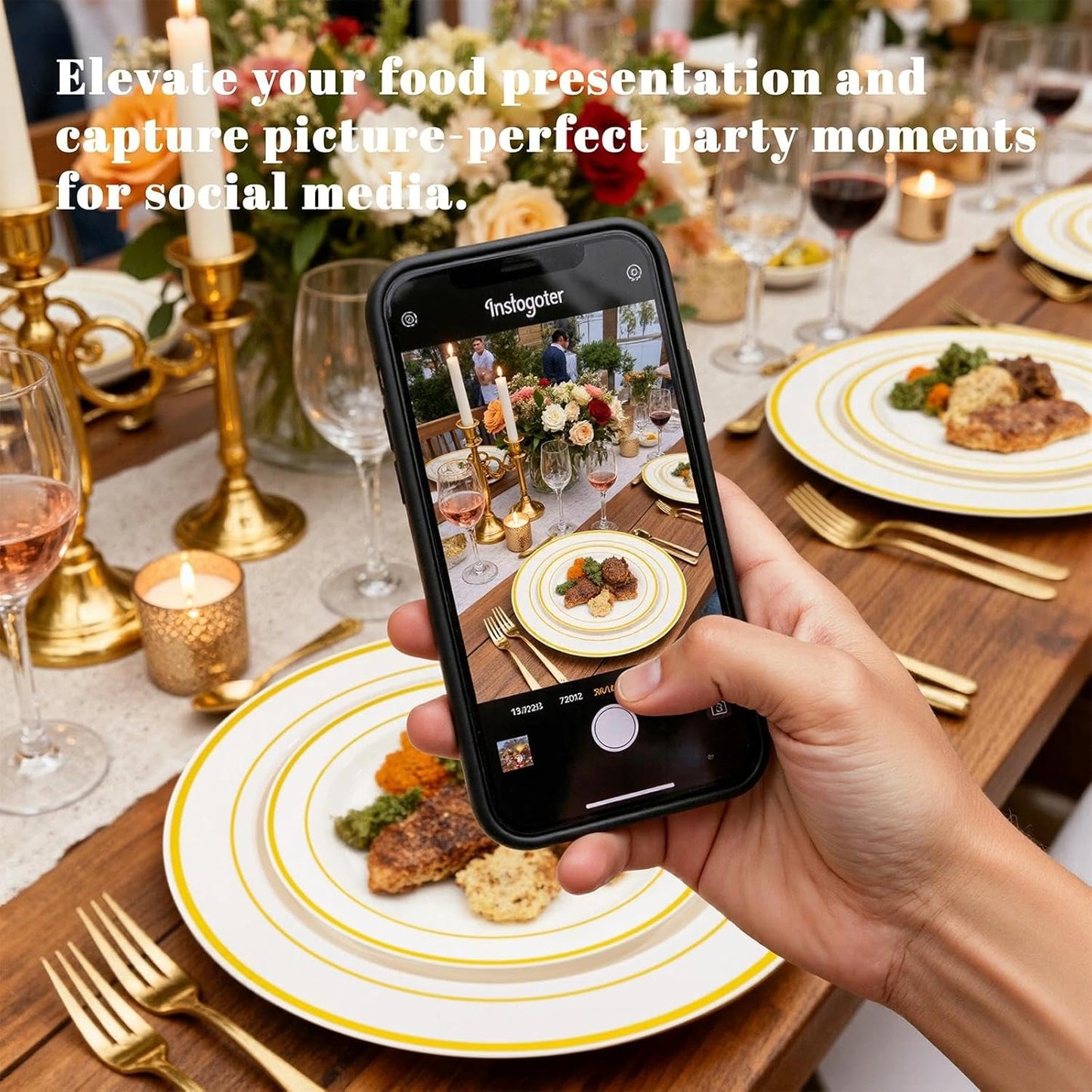WELLIFE 210PCS Ivory Plastic Plates for 30 Guests - Include 30 Dinner Plates, 30 Dessert Plates, 30 Clear Cups and 30 Pre Rolled Napkins with Gold Silverware,Disposable Plates for Party and Wedding