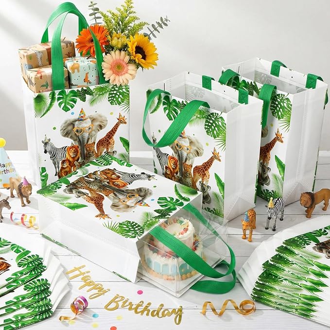 Supervitae 24 Pack Wild Animals Theme Gift Bags Medium Goodie Jungle Party Favor Bags Safari Reusable Totes Non Woven Totes for Wedding Birthday Baby Shower Family Holiday Travel(9.8" x 7.9" x 3.9")