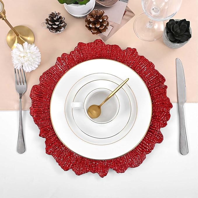 Pesonlook 50Pcs Red Charger Plates Round 13inch, Reef Plate Chargers for Dinner, Bulk Plastic Floral Table Charger Plates for Dinner Wedding Party Event Table Setting Decoration(Red)