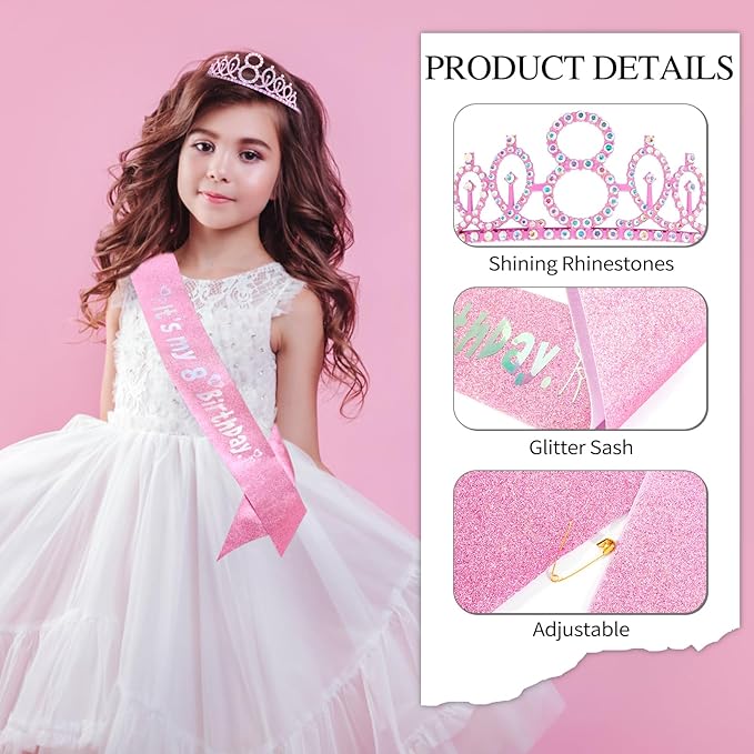 8th Birthday Party Decorations Set for Girls- Pink Crown, Glitter Sash, Number 8 Candle & Cake Topper Kit for Birthday Celebrations Party Supplies Gift