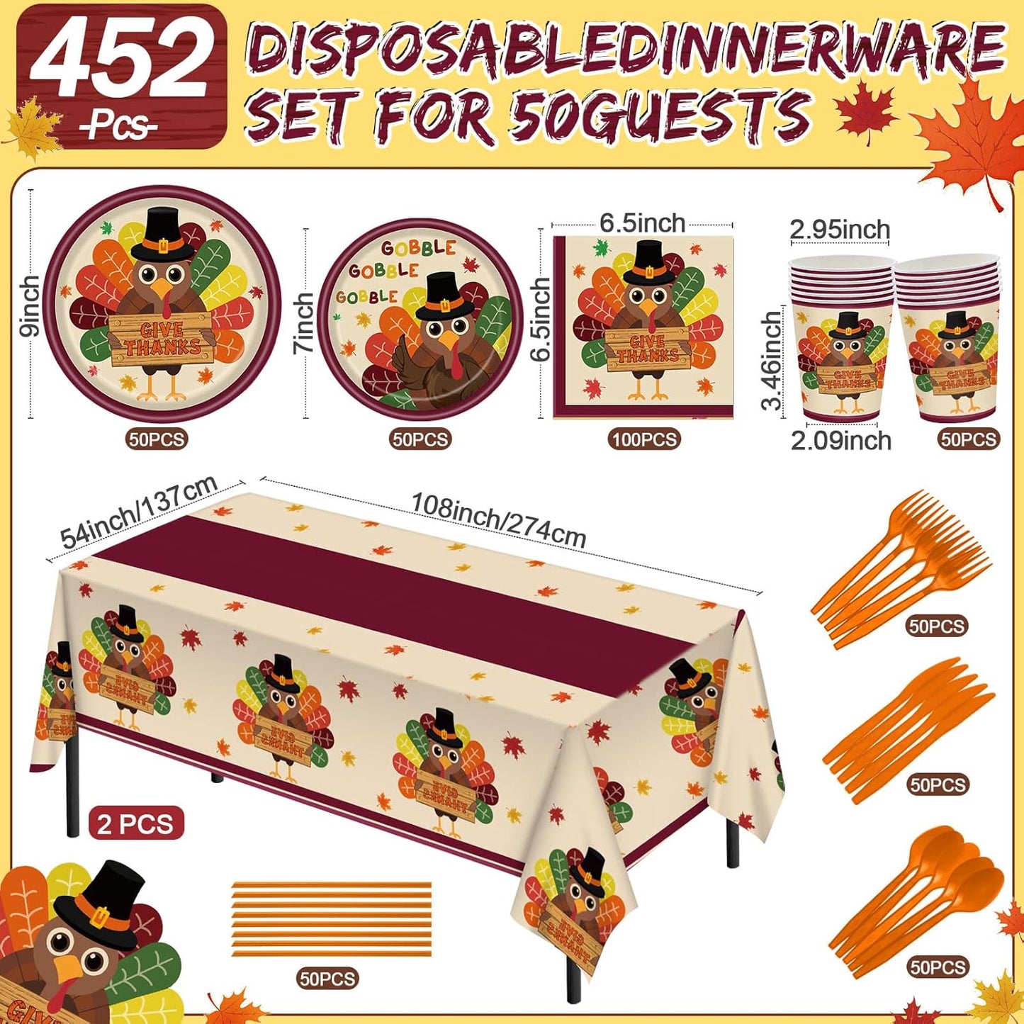 452 Pcs Turkey Thanksgiving Party Supplies for 50 Guests, Fall Thanksgiving Paper Plates Napkins Cups Tablecloth Cutlery Straws Tableware Set for Autumn Friendsgiving Party Decorations