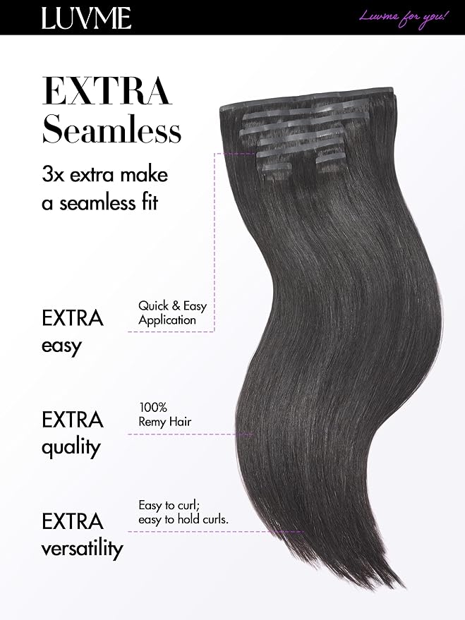 LUVME Silky Straight Seamless Clip in Hair Extensions 110g, 16 Inch Natural Black, 100% Real Remy Human Hair, Soft Full Volume, Easy Clip Ins for Daily Wear, Work, Parties & Weddings