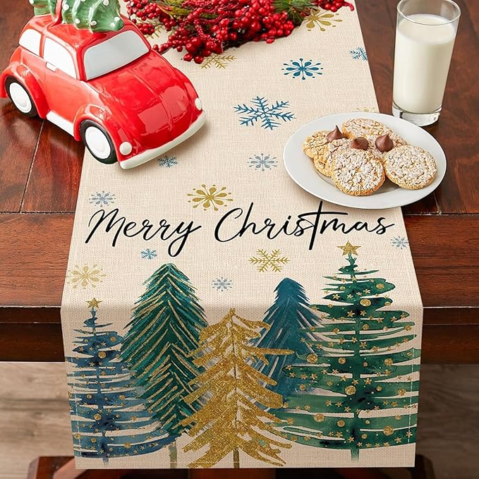 Xmas Trees Snowflakes White Merry Christmas Table Runner, Winter Holiday Kitchen Dining Table Decoration for Home Party Decor 13x72 Inch