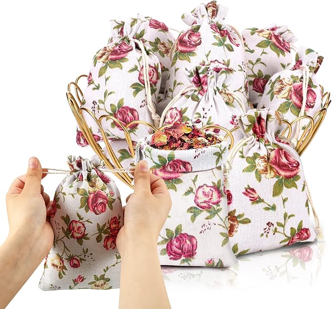 Pangda 30 Pieces Small Size Rose Drawstring Bags Burlap Flower Pouch Bags Linen Gift Jewelry Pouches for Wedding DIY Craft Party (5.1 x 7 Inch)