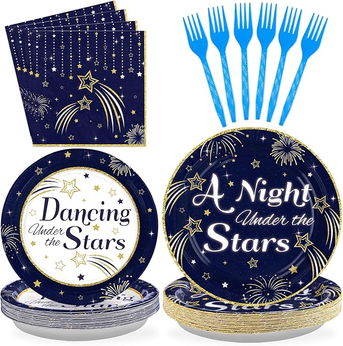Grencian Dancing Under the Stars Decorations - 96 Pcs Navy Blue Starry Night Party Plates and Napkins Gold Star Disposable Tableware for A Night Under the Stars Birthday Party Decorations Serve 24