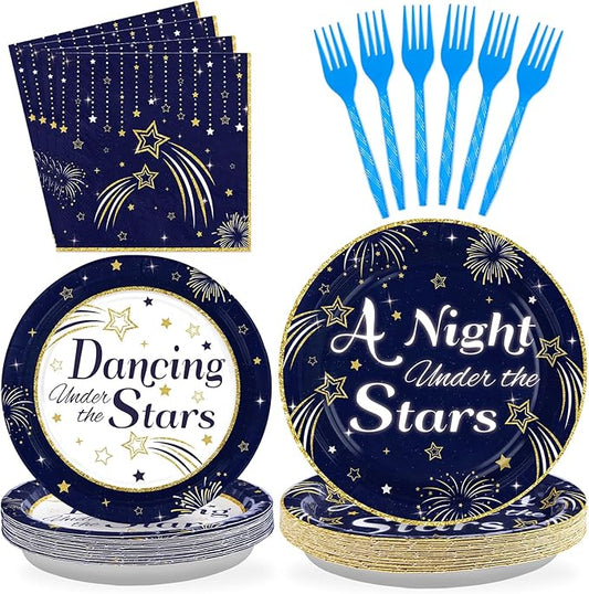 Grencian Dancing Under the Stars Decorations - 96 Pcs Navy Blue Starry Night Party Plates and Napkins Gold Star Disposable Tableware for A Night Under the Stars Birthday Party Decorations Serve 24