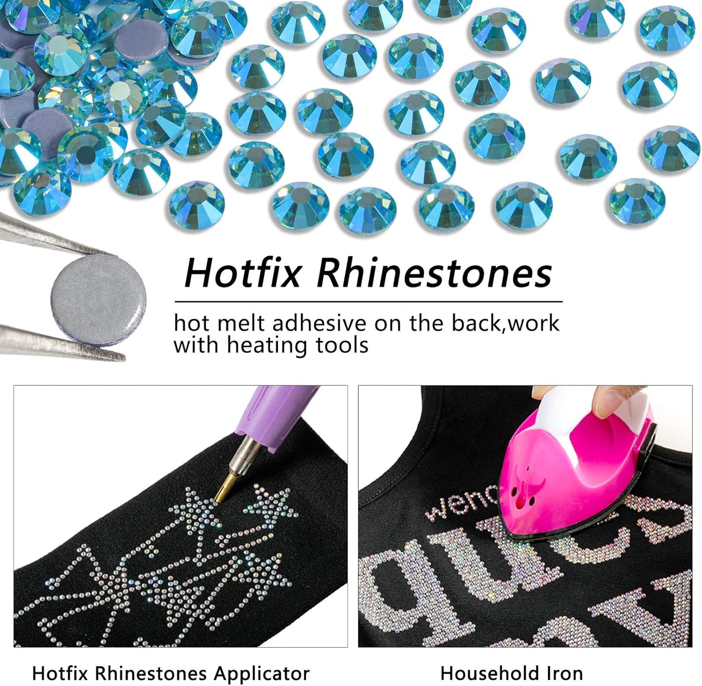 Beadsland Hotfix Rhinestones, 2880pcs Flatback Crystal Rhinestones for Crafts Clothes DIY Decorations, Aquamarine AB, SS6, 1.9-2.1mm