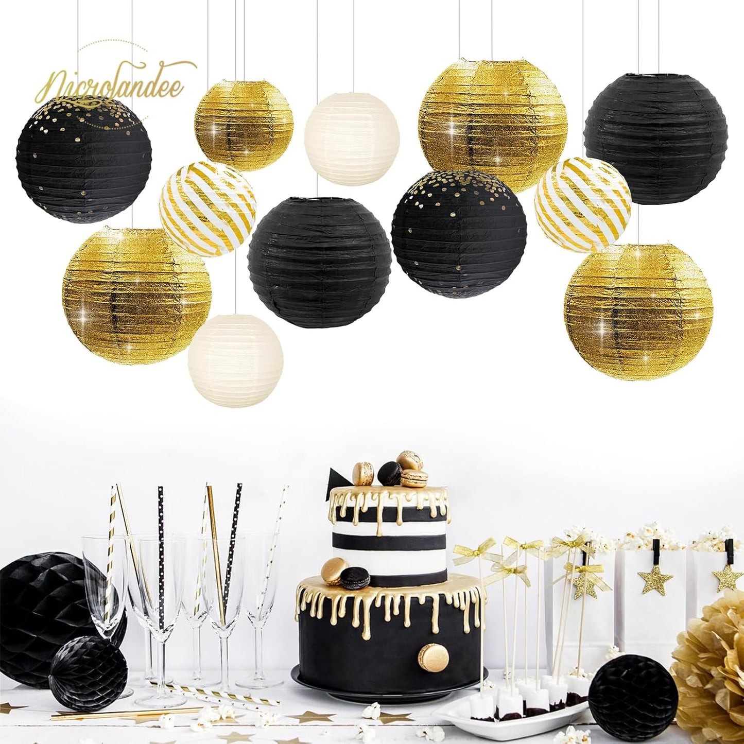 NICROLANDEE Black Gold Party Supplies - 12PCS Black and Gold Metallic Foil Paper Lanterns Decorative for Wedding, Graduation, Birthday, Baby Shower, Retirement, New Years Eve Party 2026
