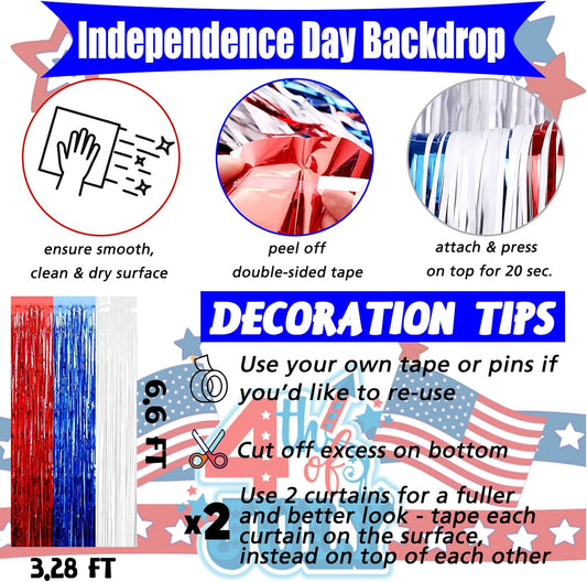 4 Pack 3.2Ft x 6.6Ft Independence Day Fringe Curtain Backdrop, Red Blue White Metallic Tinsel Foil Fringe Streamers Curtains Background for Photo Booth Birthday Wedding Carnival Party Decorations